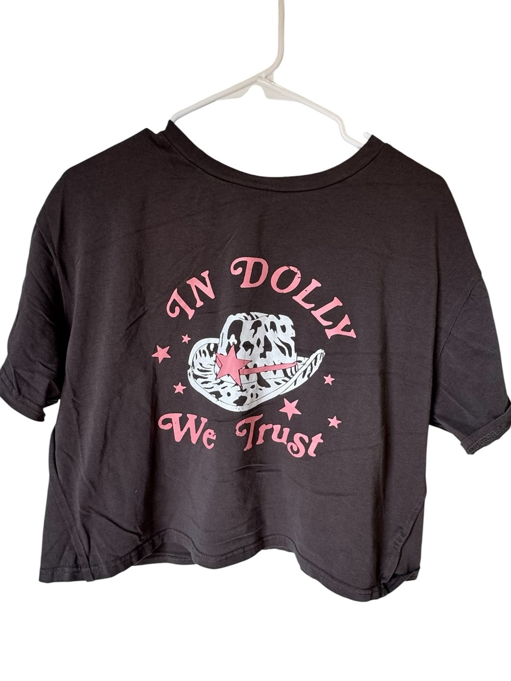 "In Dolly We Trust" Dolly Parton Country Dark Gray Graphic Cropped Tee Women’s L